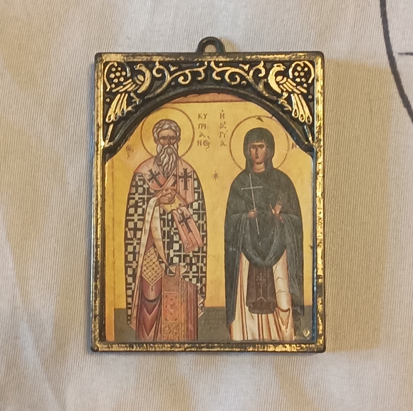 Orthodox Other - Religious Orthodox Icon Pendant with Gold Accents Of Saint Cyprian & Justina